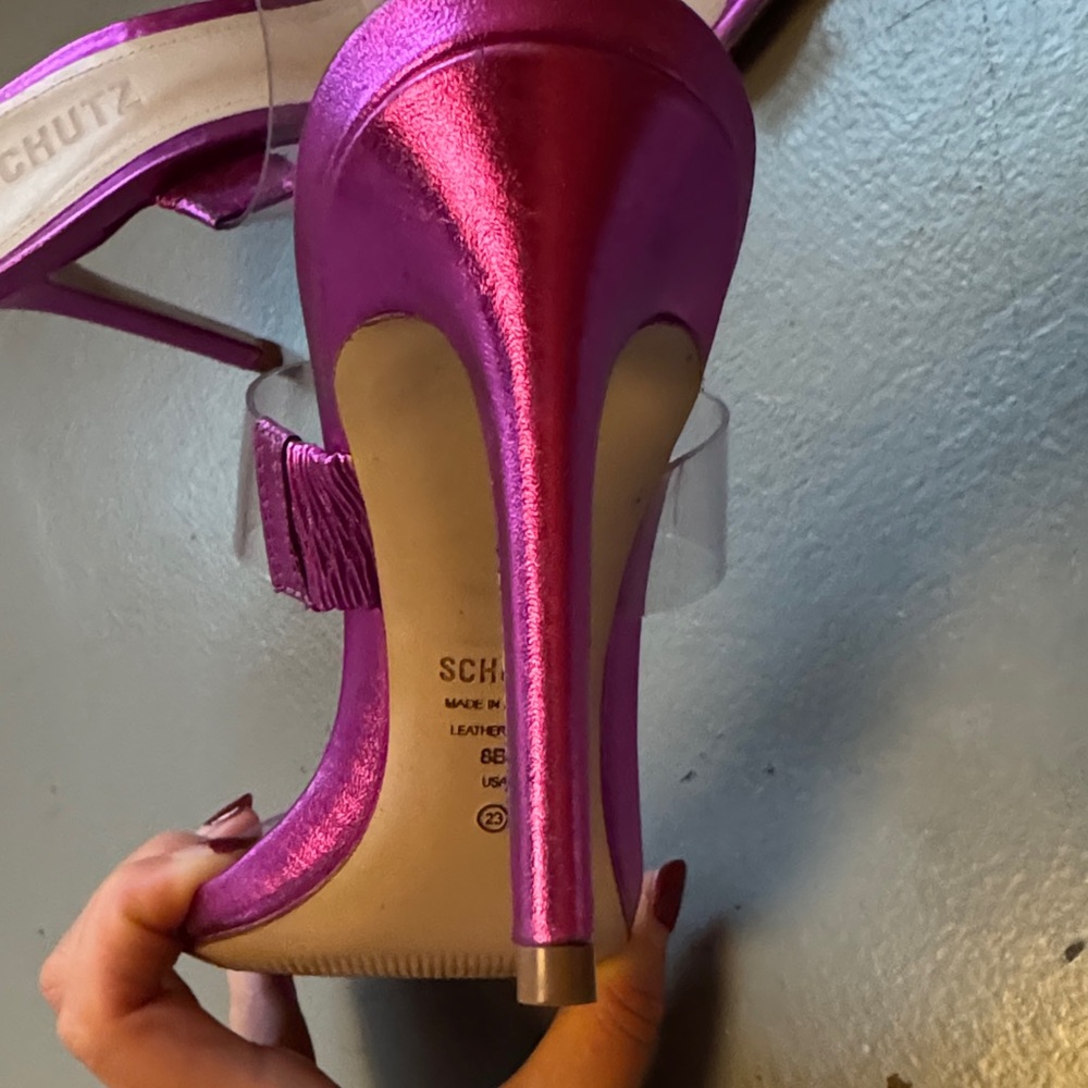 SCHUTZ Fuchsia Slide Mules with Clear PVC Strap - Picture 2 of 3